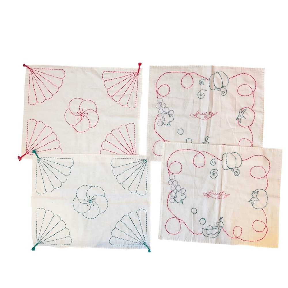 Hand Stitched Sashiko Style Cotton Tea Towels White Set of 4 Floral Fruit Small